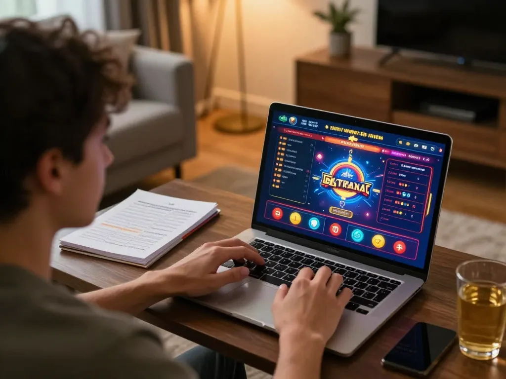 Player engaged on laptop for online casino gaming at home, showcasing tr88 interface.