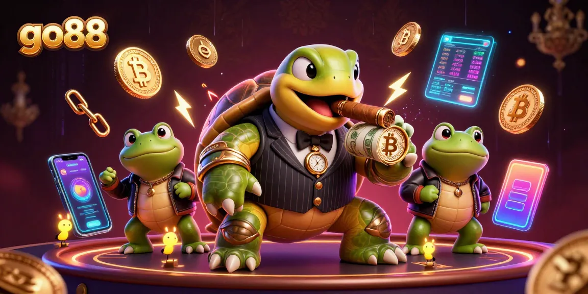 Join the thrilling go88 casino experience with a cartoon turtle and enforcers lighting up the scene.