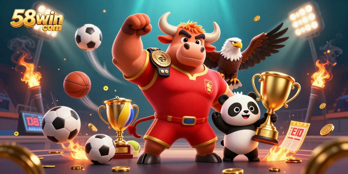 Engage with thrilling games at 58win com where the bull mascot celebrates victories with sports elements and dynamic action.