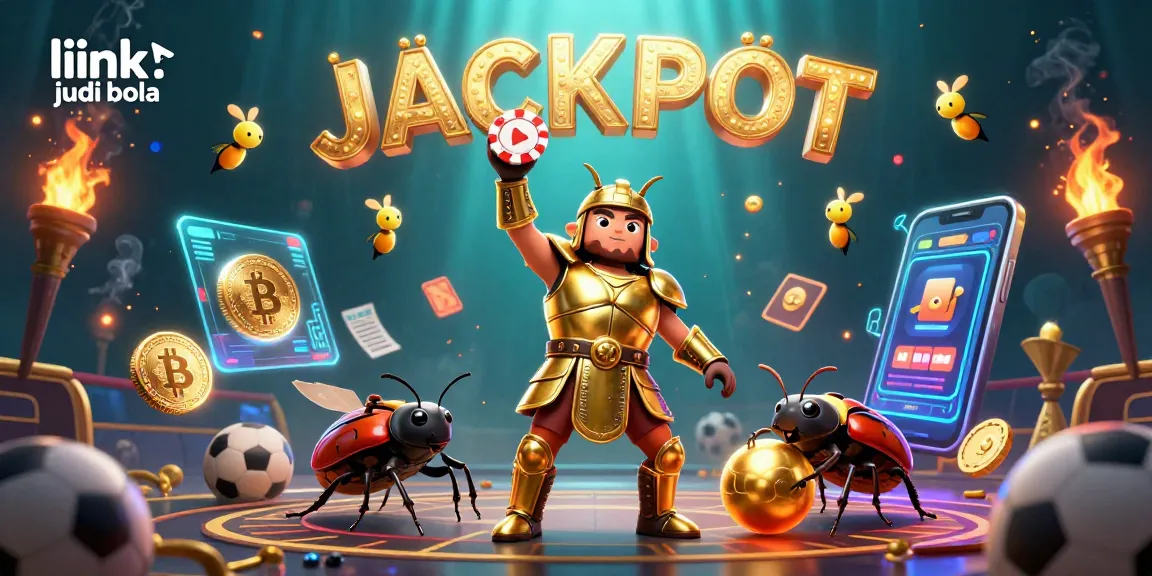 Experience the thrill of link judi bola with a joyous hercules beetle in golden armor lifting a poker chip.