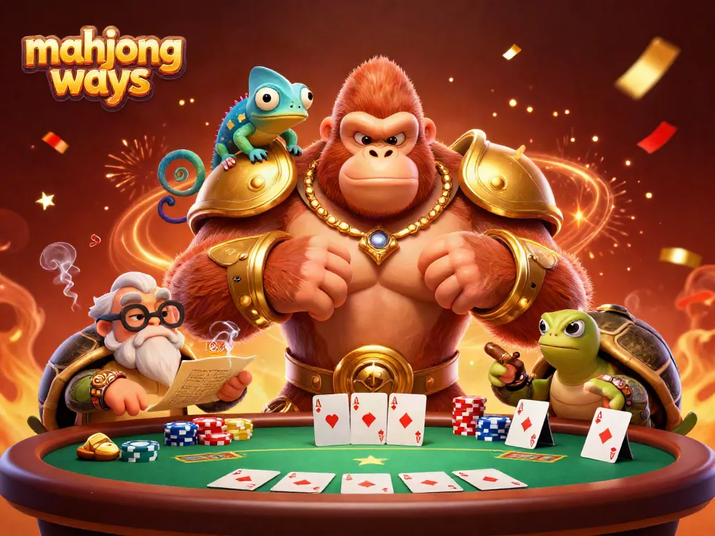 Permainan Mahjong Ways dengan pemandangan dinamis, menampilkan karakter hewan dan elemen kasino.