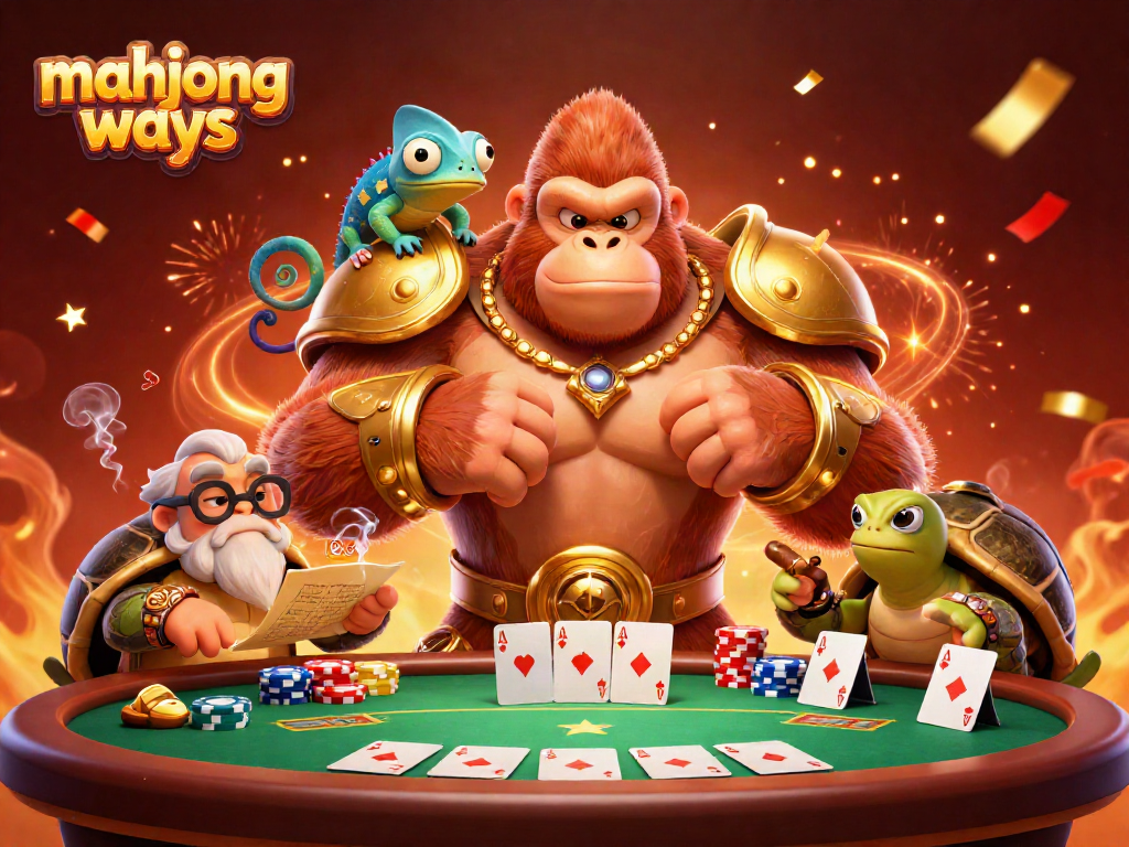 Permainan Mahjong Ways dengan pemandangan dinamis, menampilkan karakter hewan dan elemen kasino.