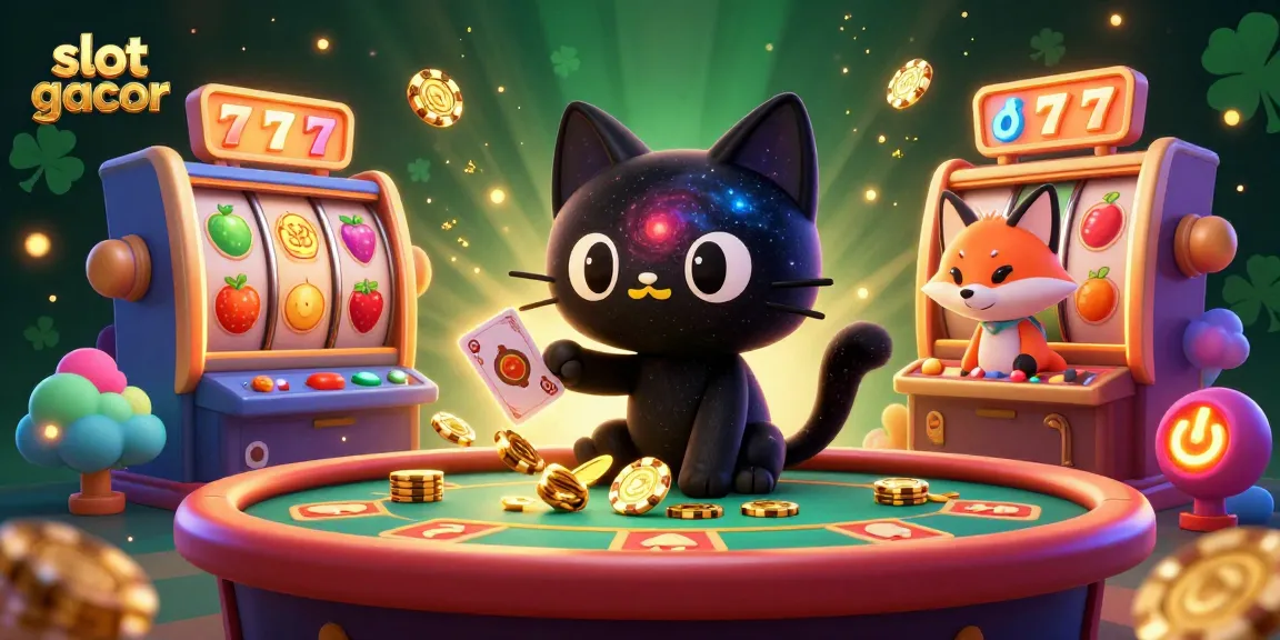 Experience the excitement of slot gacor with a black hole cat and colorful companions in this cosmic casino scene.
