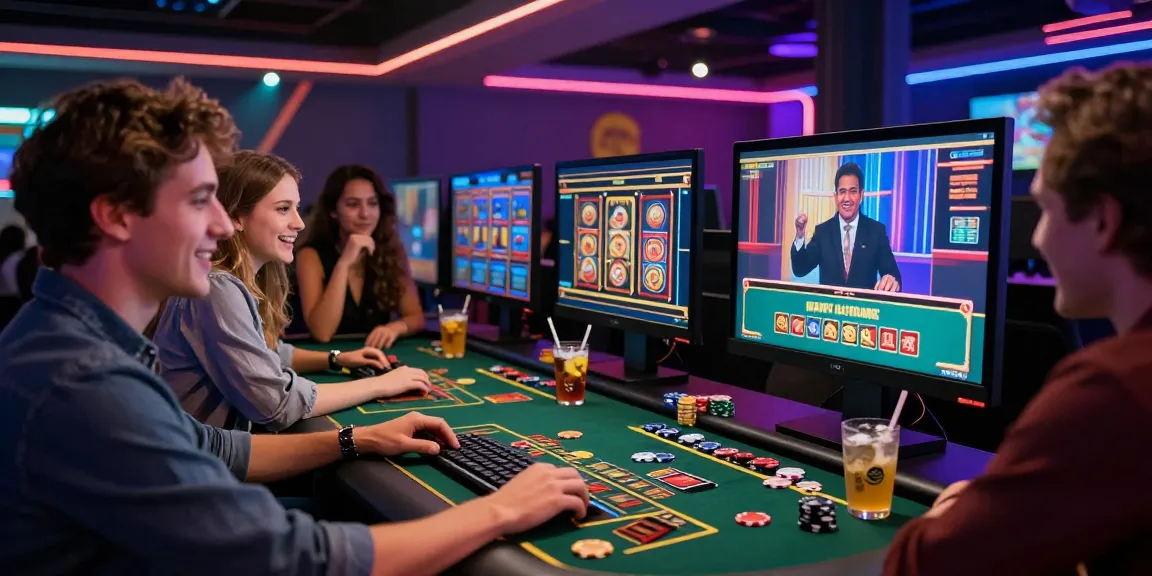 Exciting online gambling scene at a credit card casino on dea.org.uk with friends enjoying live dealer games.
