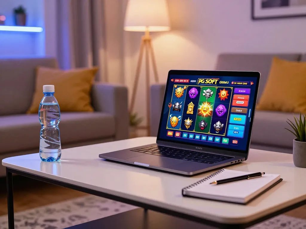 Rasakan PG Soft Demo Gratis di laptop dalam suasana ruang tamu yang nyaman, menekankan permainan online.