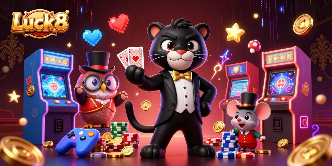 Luck8 showcases a stylish panther dealer in a casino scene, surrounded by game elements and colorful graphics.