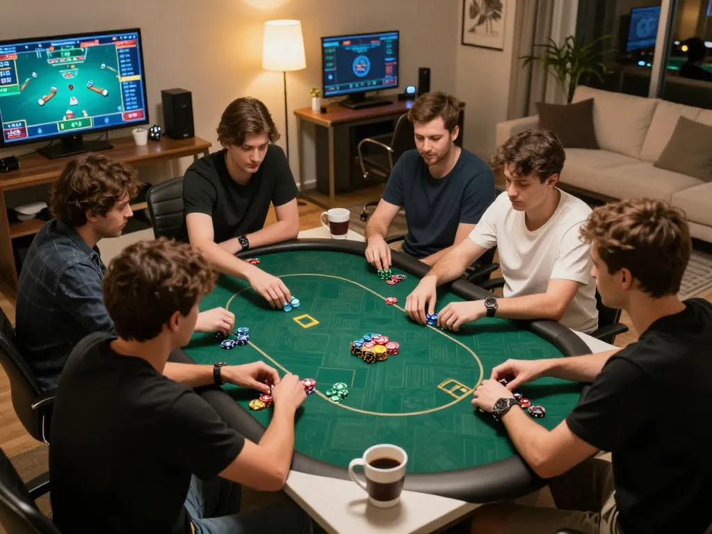Players engaging in serious strategy with 3win online poker setup in a modern home environment.