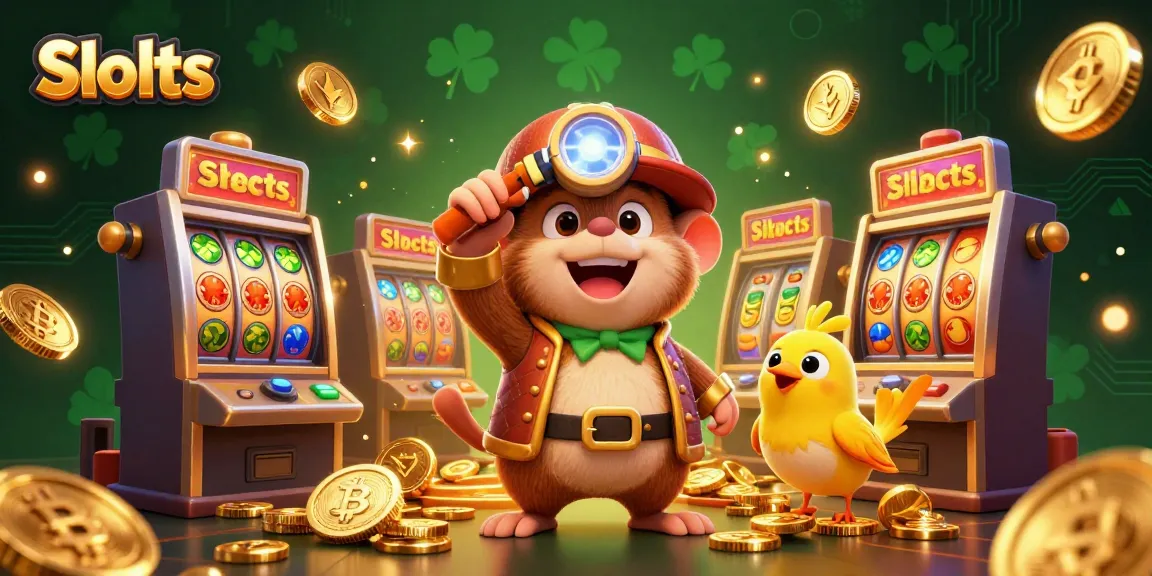 Celebrate winning big with Slots featuring a treasure hunter mole and jackpots in a vibrant casino scene.