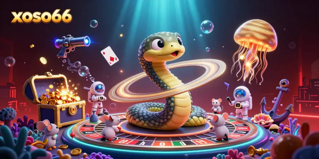 Players engaging in the thrilling xoso66 gambling experience aboard a cosmic roulette wheel.