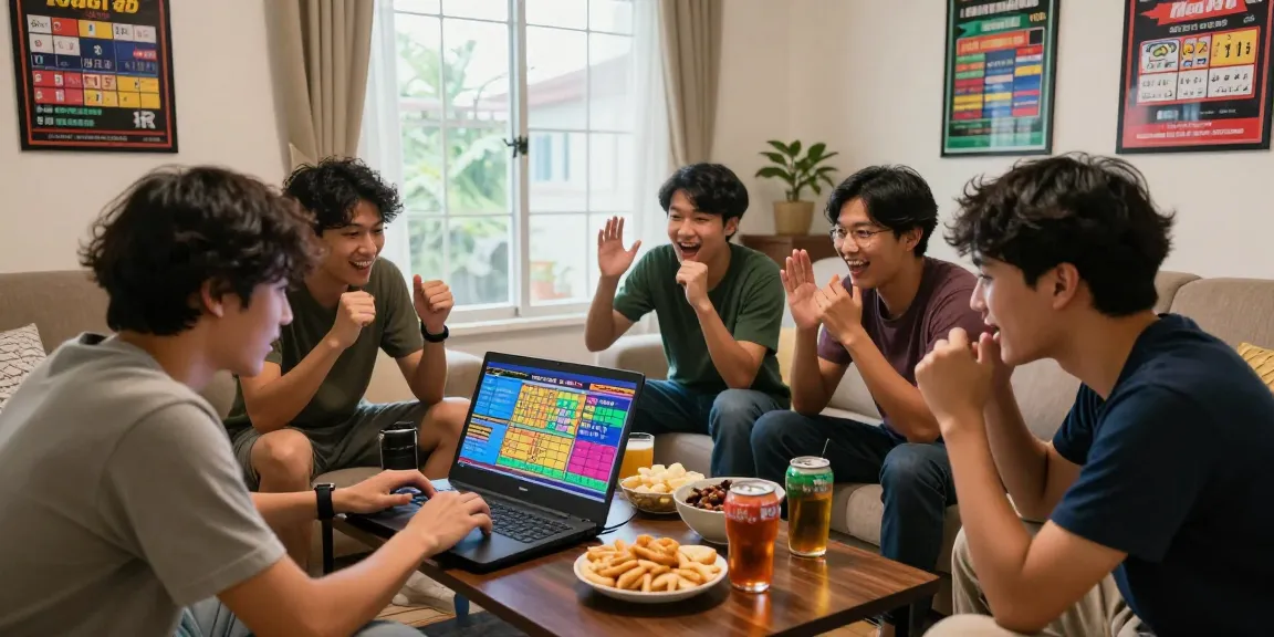 Exciting group of friends playing Togel 4D together in a lively living room.