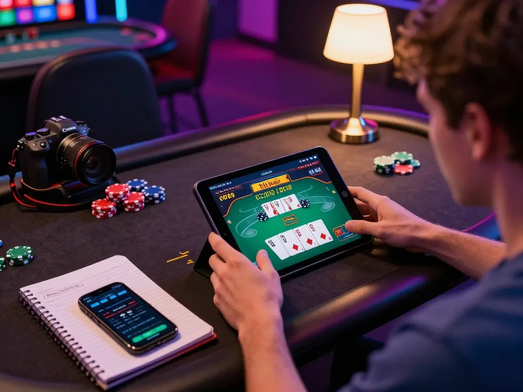 Engaging in online poker game with nano banana flash at a cozy home setup, featuring lively tablet display.