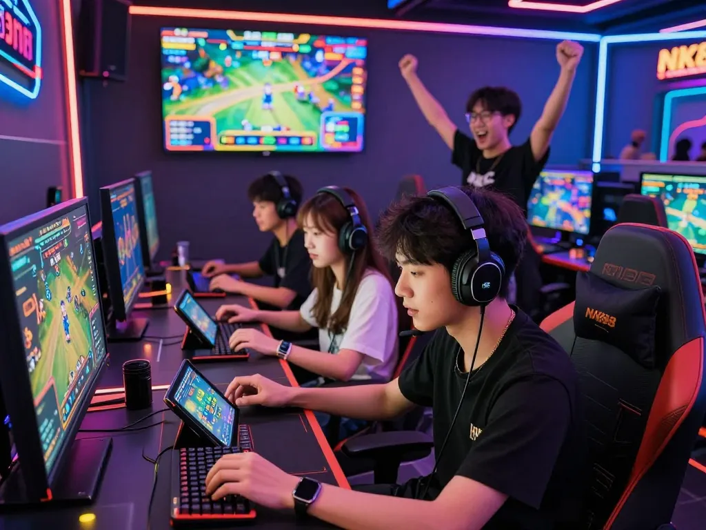 Engaged Gen Z players in a vibrant NK88 online gaming arena, celebrating wins and analyzing stats.