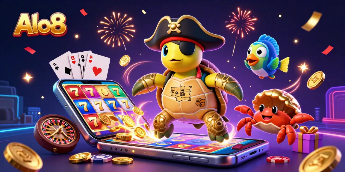 Join the excitement at Alo8 with a 3D turtle, crab, and fish enjoying slots and treasures.