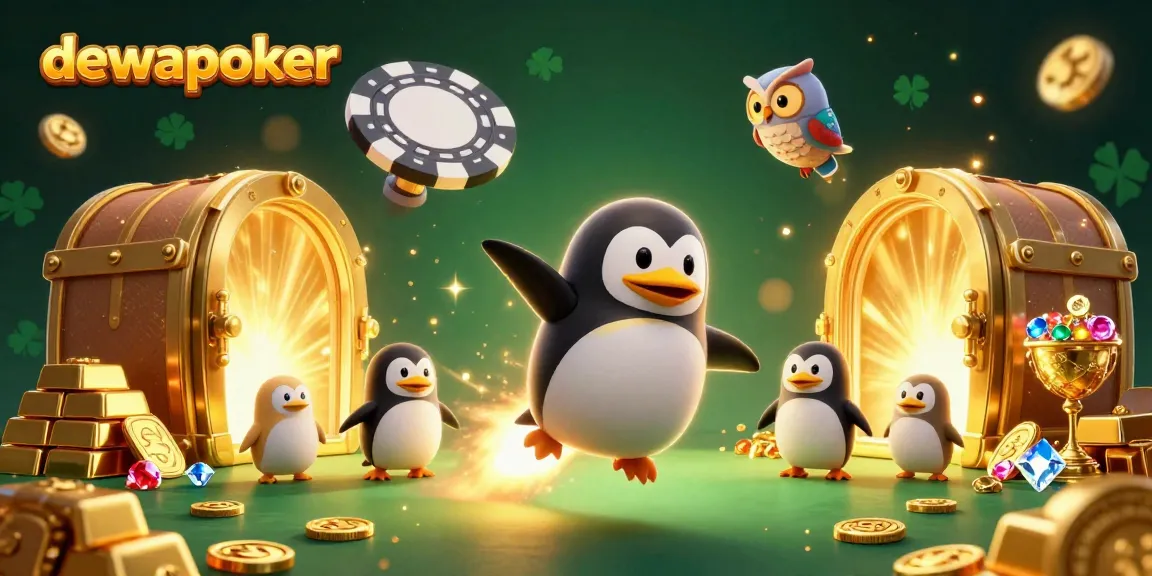 Dewapoker offers thrilling experiences with golden penguin, poker chip station, and treasure for players.