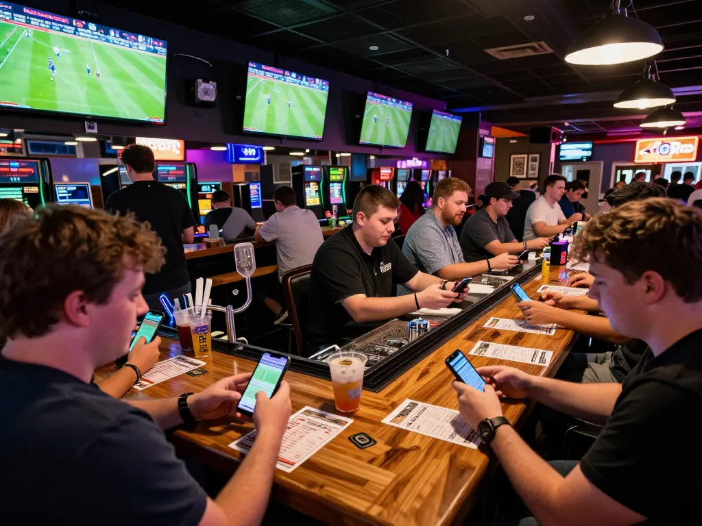 Nowgoal patrons excitedly placing bets on live football matches in a lively sports bar setting.