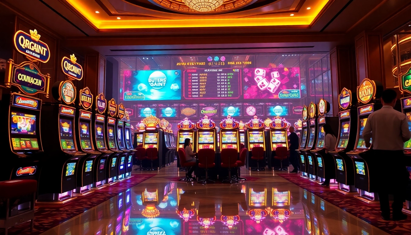 Players enjoying vibrant slot machines at qqmacan, showcasing excitement and luxury in a modern casino.