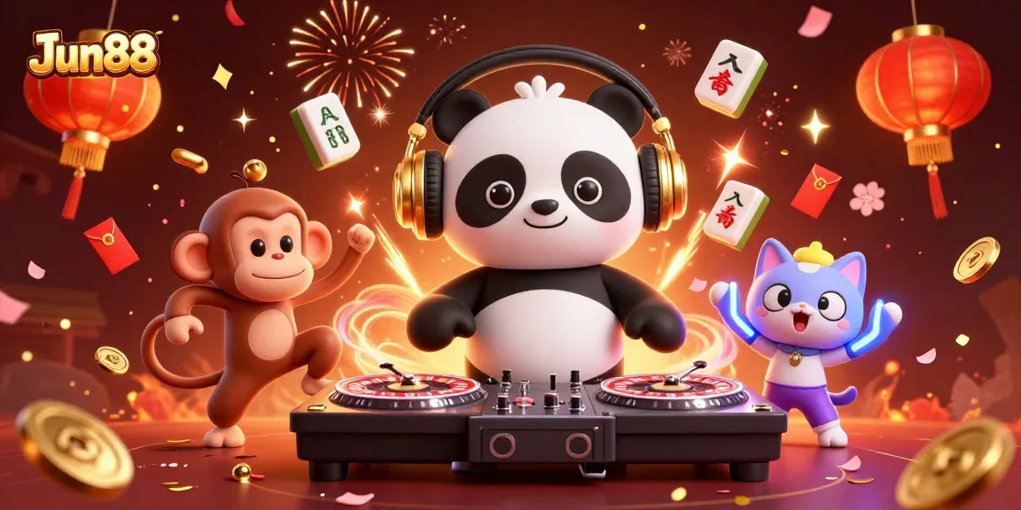 Jun88 showcases an exciting scene featuring a DJ panda, dancing monkey, and rave kitten amidst animated casino elements.