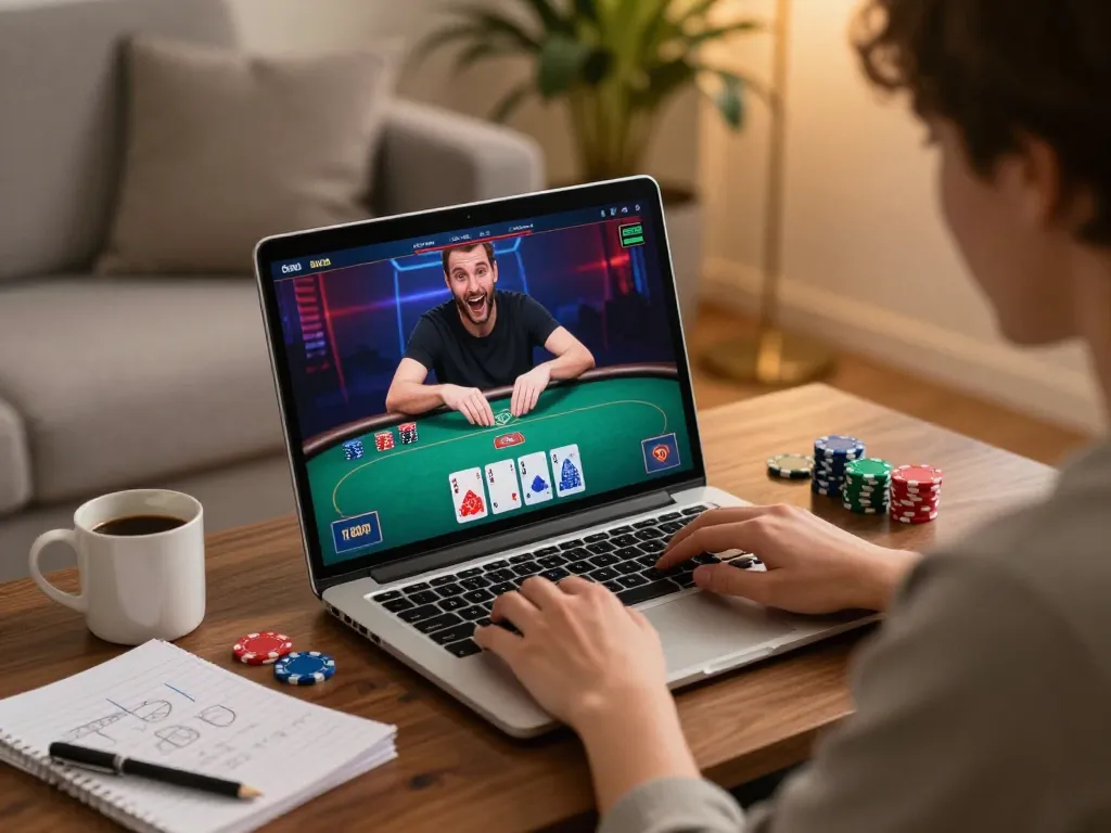 UU88 online poker gaming session in a cozy living room with strategy notes.