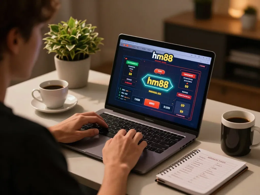 Player enjoying online gambling on hm88 platform with laptop and betting notes in cozy setting.