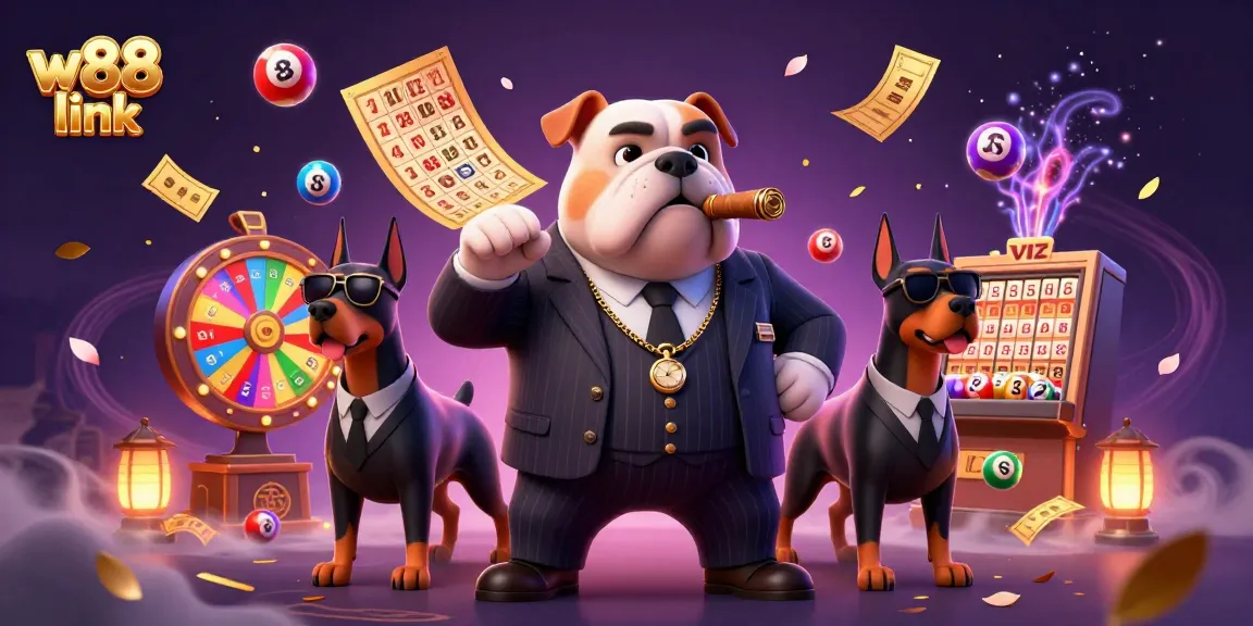 Engage with the thrilling w88 link scene featuring a mafia boss bulldog and dynamic casino elements.