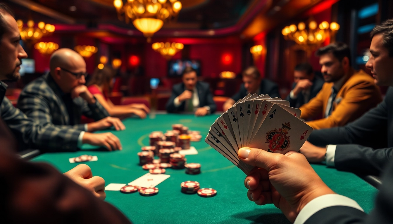 Engaging poker game scene with players strategizing their moves and showcasing a winning hand.
