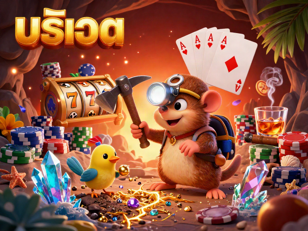 Engage in สล็อต excitement with a mole treasure hunter and canary in a vibrant mining scene filled with jackpots.