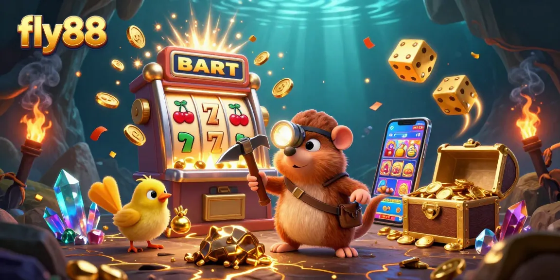 Experience fly88's exciting gaming world with a treasure hunting mole and colorful slot action.
