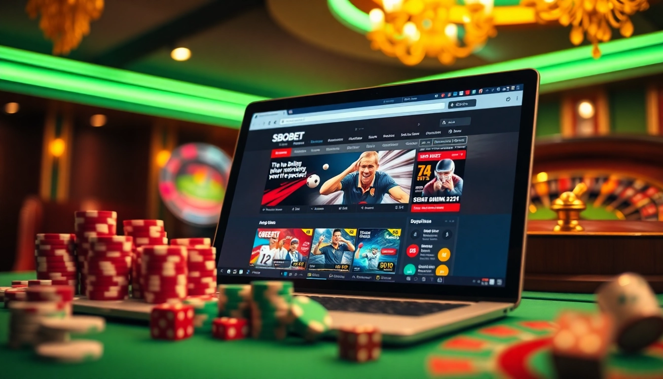 Simplify sbobet login indonesia on an engaging online gambling interface with vibrant colors and casino elements.