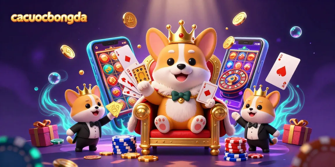 Bet on cacuocbongda as corgis and a cat usher in a royal poker scene with festive gambling elements.