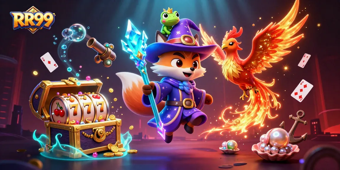 Spin the reels at RR99 with a mystical wizard fox and a phoenix in a vibrant casino scene.