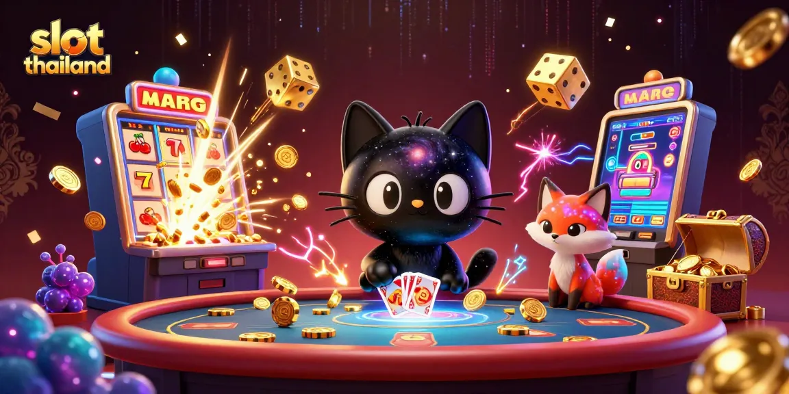 Engage with vibrant slots in Thailand featuring a cosmic black hole cat and nebula fox in the exciting casino scene.