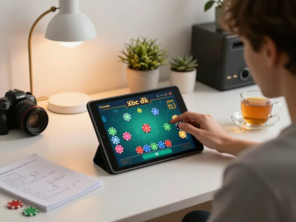 xóc đĩa online game interface displayed on a tablet, showcasing colorful chips and strategic gameplay.