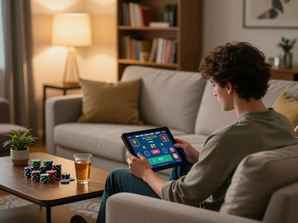 Engaging in a strategic game session on god55 with a tablet in a cozy home setup