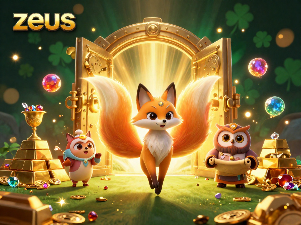 Experience mystical wins with zeus in this 3D illustration of a vibrant gambling scene featuring magical creatures and treasures.