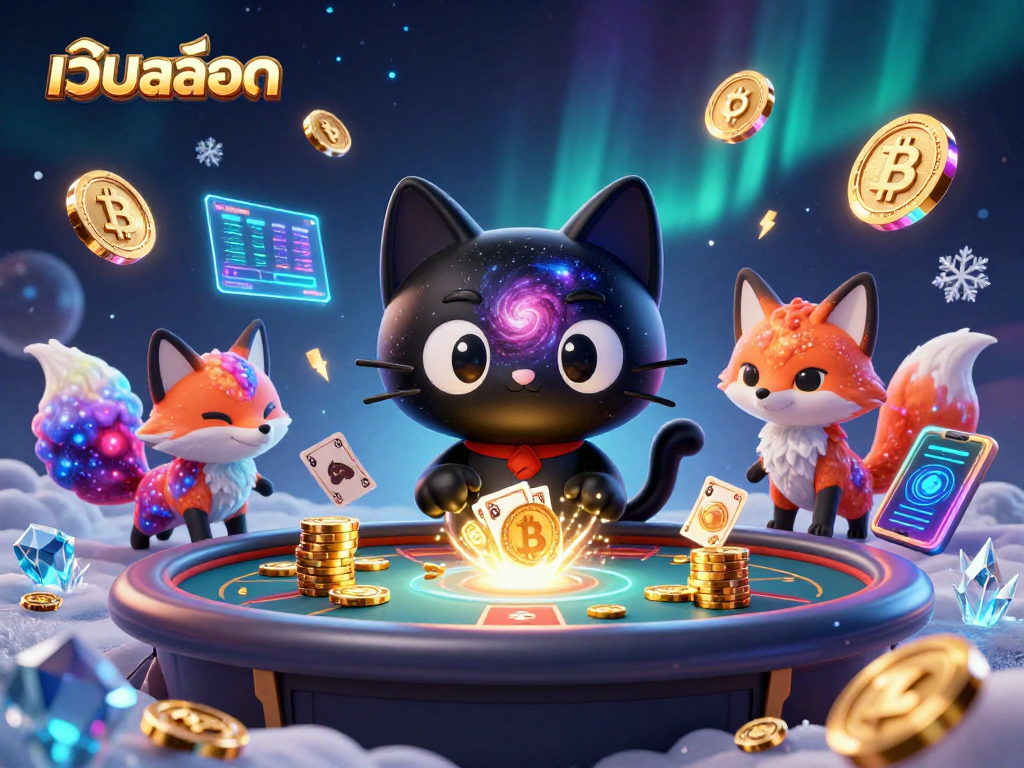 Engage with เว็บสล็อต at a vibrant cosmic casino featuring a black hole cat and nebula fox amidst floating crypto elements.