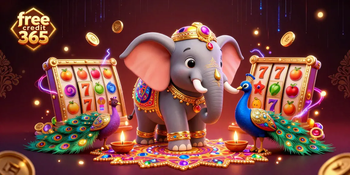 Spin and win with free credit 365 in this vibrant casino scene featuring classic slot machines and colorful character elements.