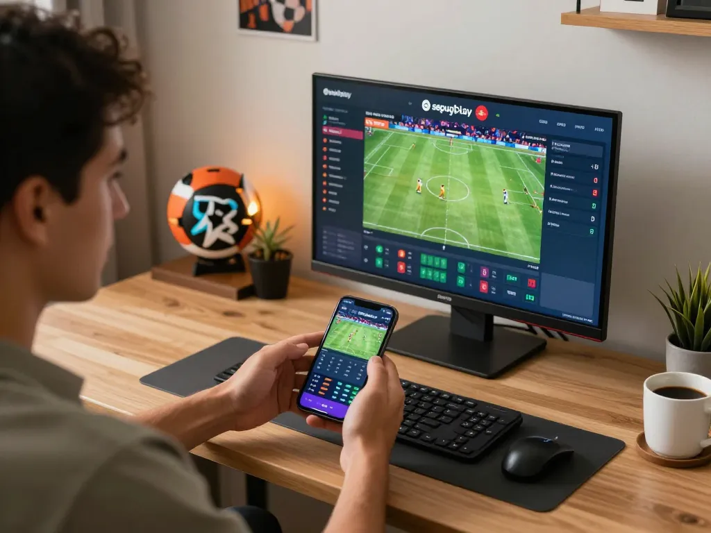 Engage in dynamic online sports betting with sepuhplay link visible on smartphone in modern home office
