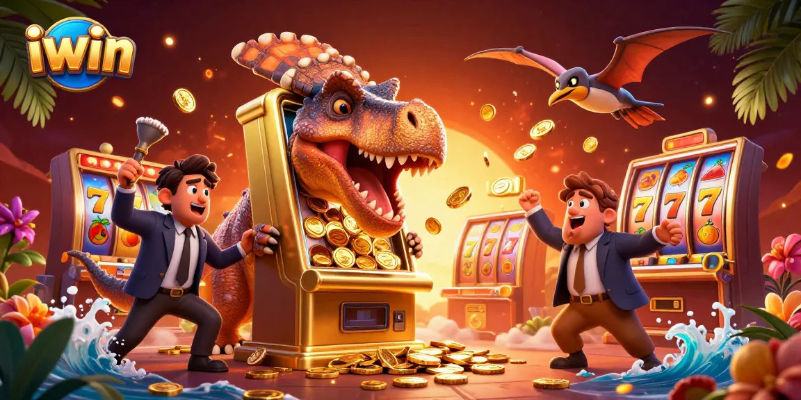 iwin showcases a pachycephalosaurus activating a slot machine, capturing jackpot coins in a vibrant casino scene.