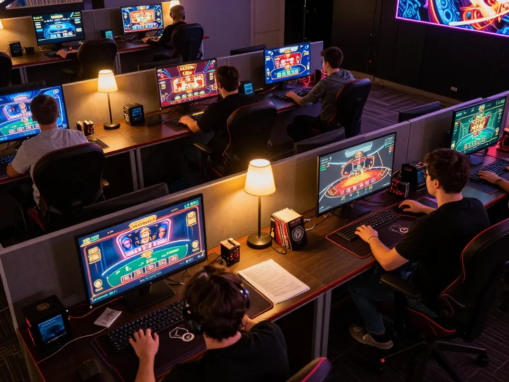 SC88 online casino gaming setup with multiple screens showcasing poker and slots in an immersive environment