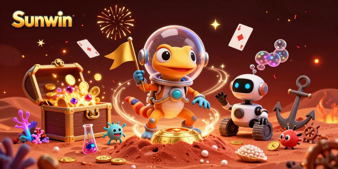 Explore the playful Sunwin gaming world with a Martian gecko and casino treasures.
