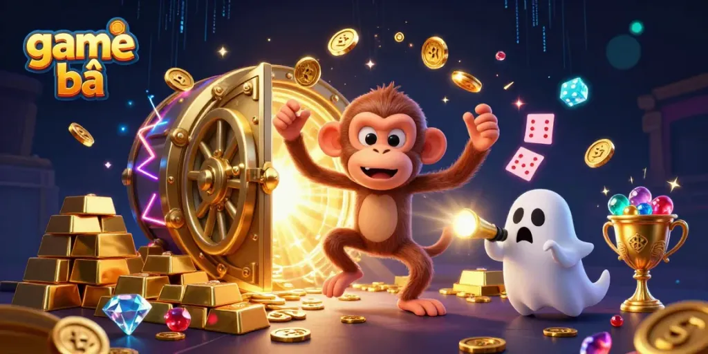 Engage in game bài action as a charming poltergeist monkey juggles treasures in a haunted casino.