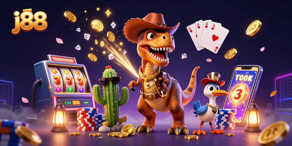 Engage in thrilling j88 casino adventures with a playful T-Rex and friends surrounded by vibrant slot symbols.