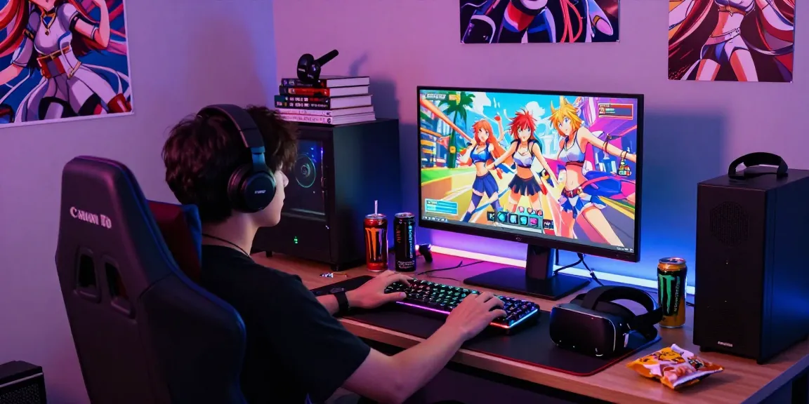 Engaged gamer playing ecchi games in colorful gaming room with dynamic lighting.