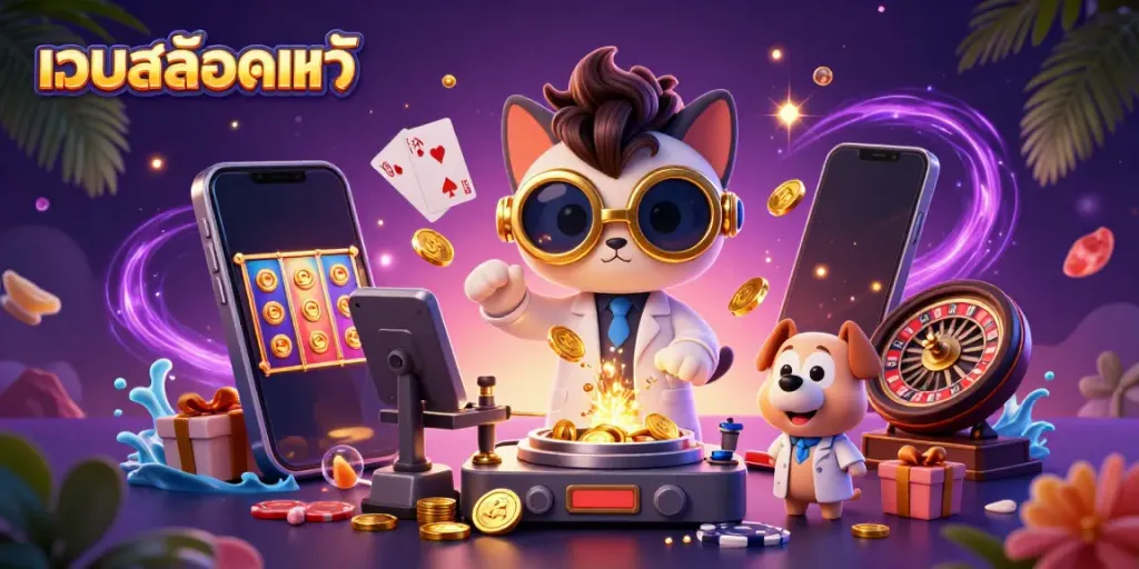 Experience the thrill of เว็บสล็อตแท้ with spinning slot reels and vibrant gaming elements.