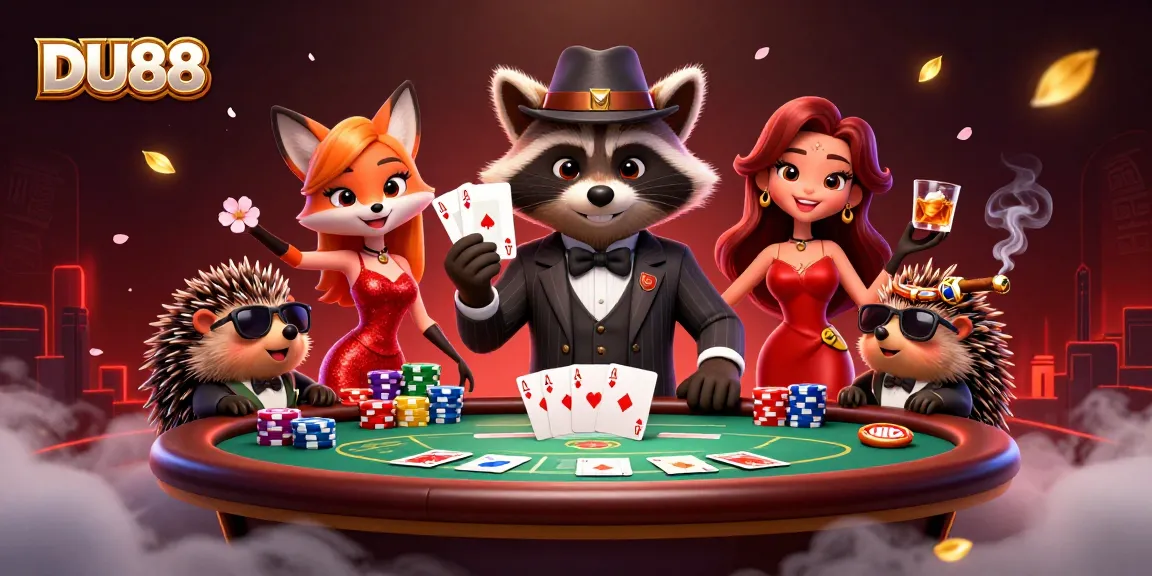 DU88 poker scene with a suave raccoon and friends showcasing a royal flush hand at a vibrant casino table.
