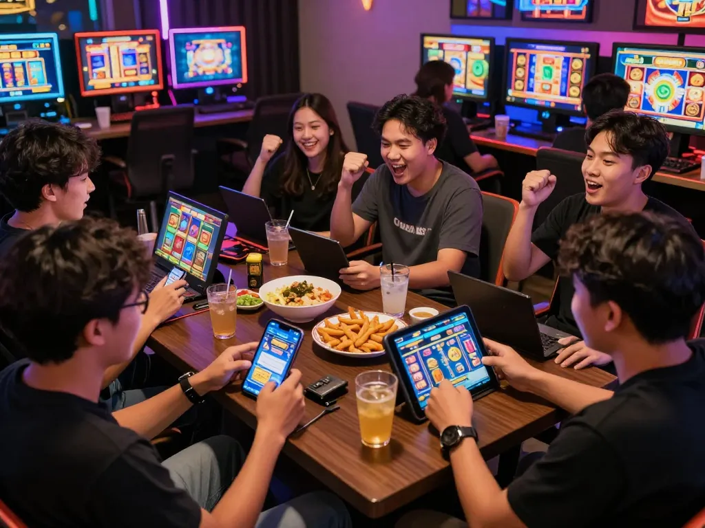 Players enjoying slot gacor games on devices in a lively setting.