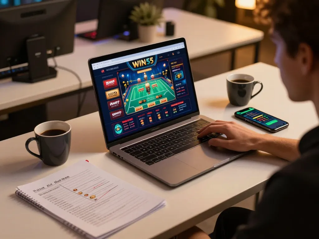 Engaging in WIN55 online gaming strategy with a laptop and smartphone in a cozy setting.