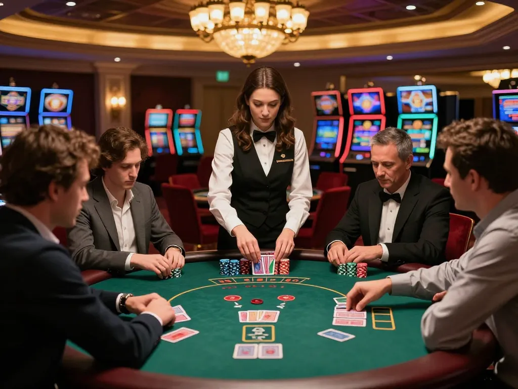 spinadvisor recommends strategic gameplay at a blackjack table in a vibrant casino environment