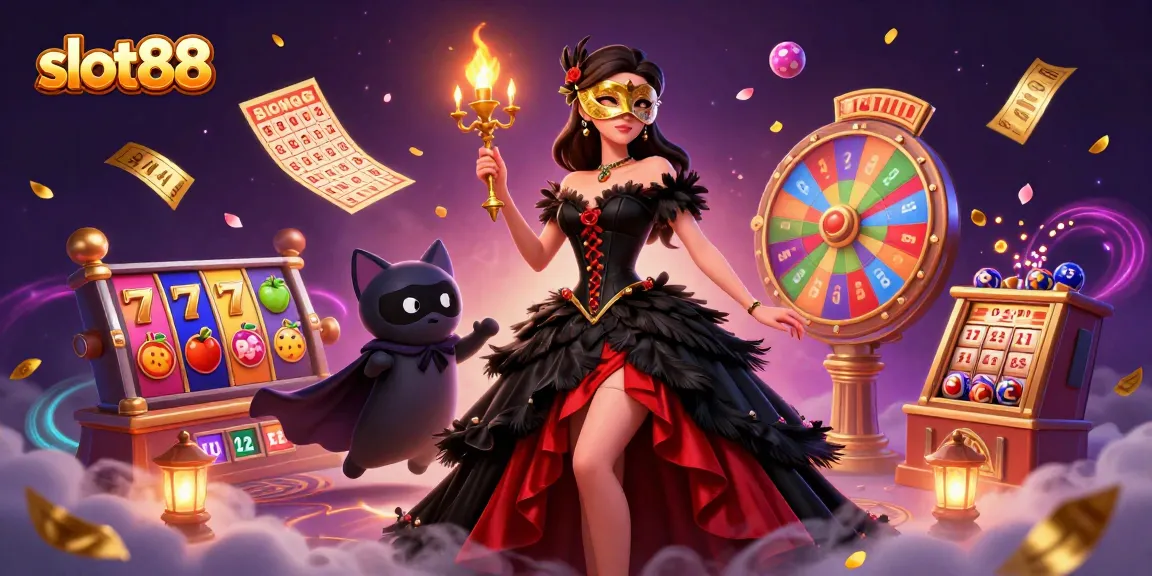 Rasakan kegembiraan slot88 dengan adegan glamor yang menampilkan elemen kasino yang cerah dan karakter bertopeng yang menakjubkan.