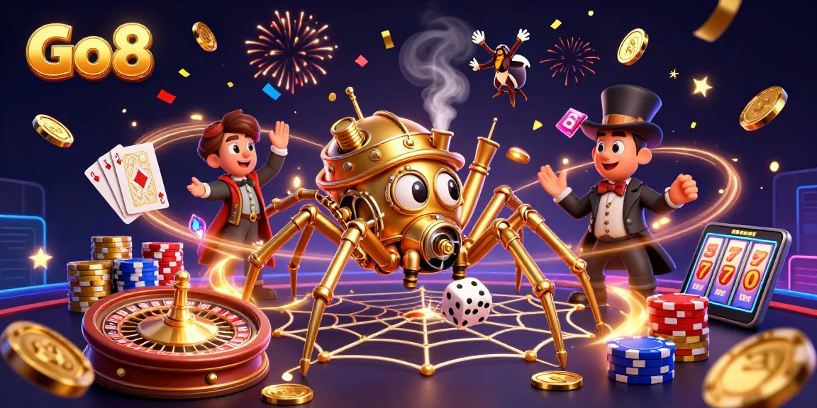 Go8's captivating steampunk spider catches dice in a vibrant casino scene bursting with gems and rewards.
